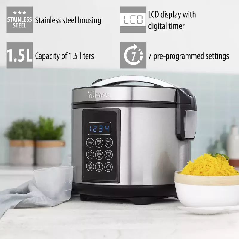 Multicooker Tristar RK-6132 — 1.5 L, 500 W, 7 auto programs, LCD, stainless steel/black