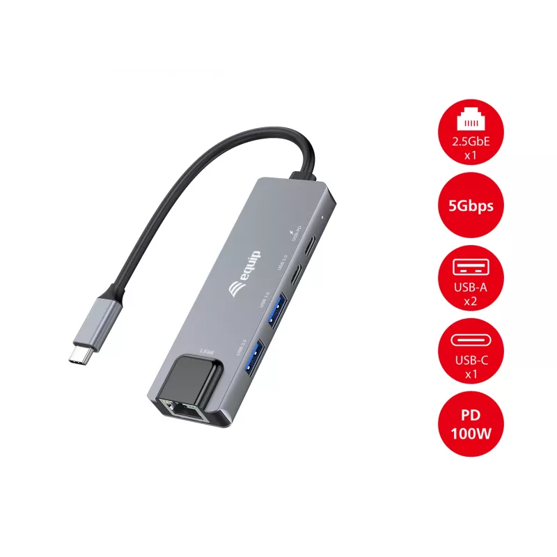 Equip 5 in 1 Multifunctional Adapter, 2.5GbE, USB-A x 2, USB-C x 1, USB-C , 100W USB PD