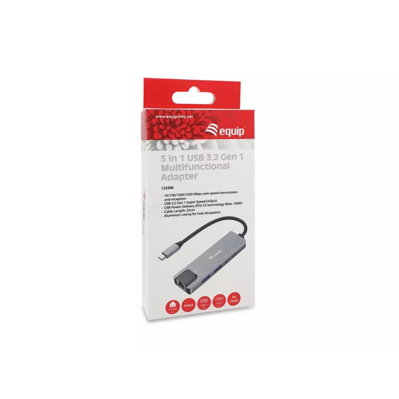 Equip 5 in 1 Multifunctional Adapter, 2.5GbE, USB-A x 2, USB-C x 1, USB-C , 100W USB PD