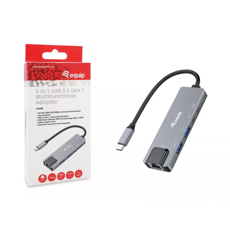 Equip 5 in 1 Multifunctional Adapter, 2.5GbE, USB-A x 2, USB-C x 1, USB-C , 100W USB PD