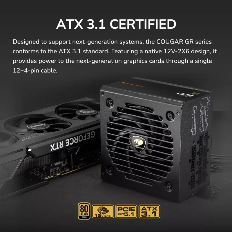 Power supply Cougar GR 850W ATX3.1 PCIe 5.1 80 PLUS Gold, 850 W, 20+4 pin ATX, 120 mm fan, black