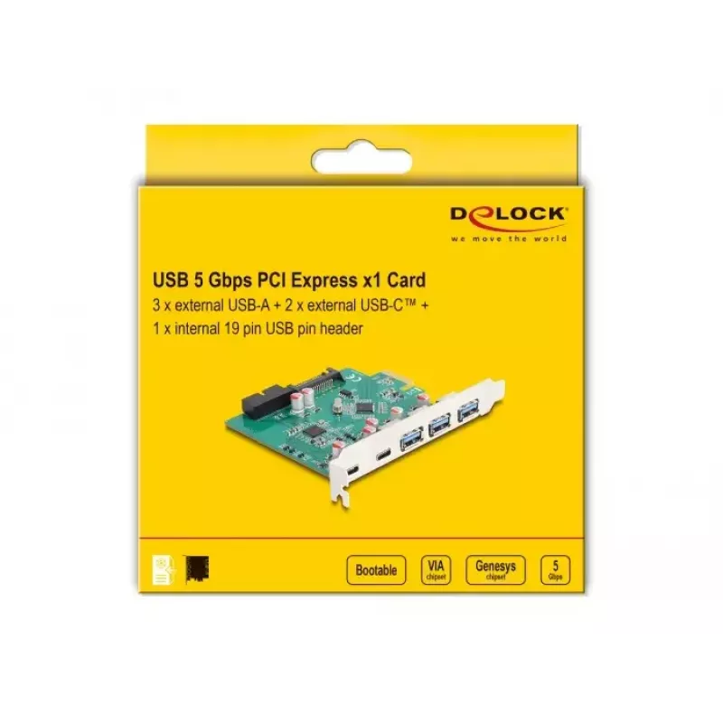 DeLOCK USB 5 Gbps PCI Express x1 Card 3x Type-A 2x Type-C 1x Header