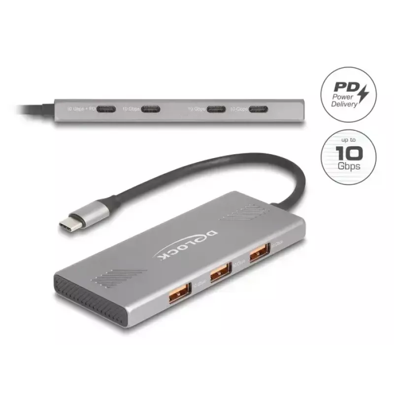 DELOCK USB 3.2 Gen 2 Type-C Hub 7‑port (4×Type‑C, 3×Type‑A) 10 Gbit/s Grey