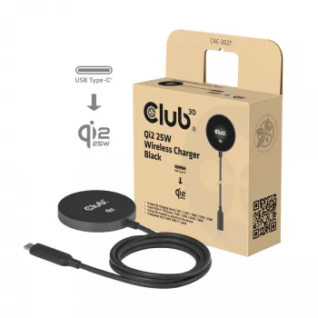 Wireless Charger pad CLUB3D CAC-3027 Qi2 25W MagSafe-compatible magnetic pad, DC indoor charger, 1 m cable, black