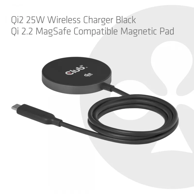 Wireless Charger pad CLUB3D CAC-3027 Qi2 25W MagSafe-compatible magnetic pad, DC indoor charger, 1 m cable, black