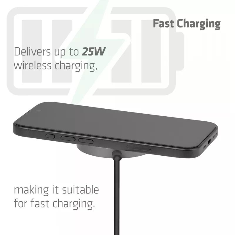 Wireless Charger pad CLUB3D CAC-3027 Qi2 25W MagSafe-compatible magnetic pad, DC indoor charger, 1 m cable, black