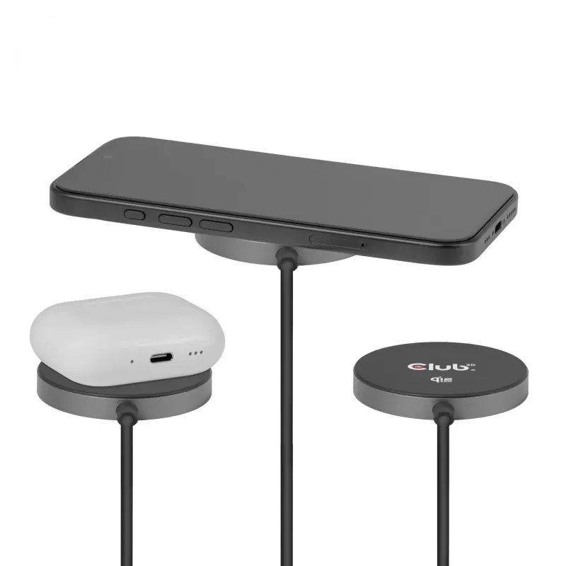 Wireless Charger pad CLUB3D CAC-3027 Qi2 25W MagSafe-compatible magnetic pad, DC indoor charger, 1 m cable, black