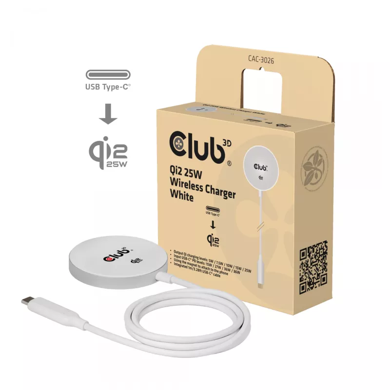 Wireless Charger club 3d CAC-3026 25W Qi2 magnetic pad, Qi 2.2 MagSafe compatible, 1 m cable, white