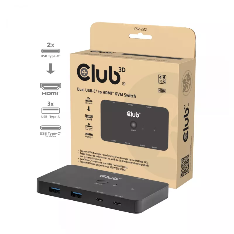 KVM switch club 3d Dual USB-C to HDMI, 2‑port, 4K UHD 3840x2160, USB-C console, 65W PD, black