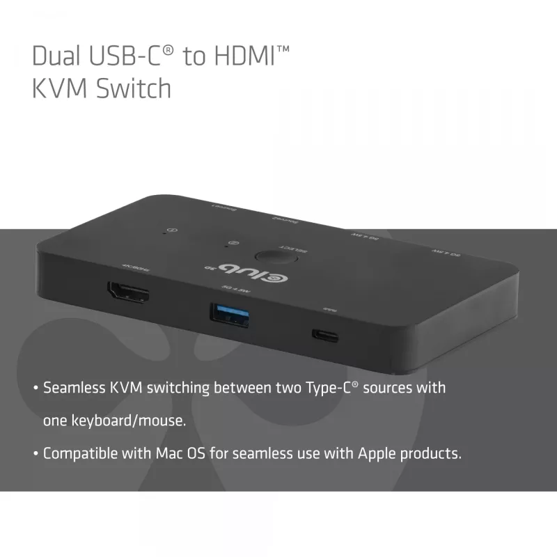 KVM switch club 3d Dual USB-C to HDMI, 2‑port, 4K UHD 3840x2160, USB-C console, 65W PD, black