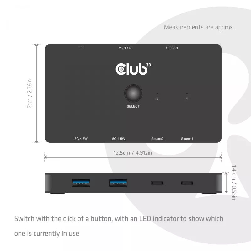 KVM switch club 3d Dual USB-C to HDMI, 2‑port, 4K UHD 3840x2160, USB-C console, 65W PD, black