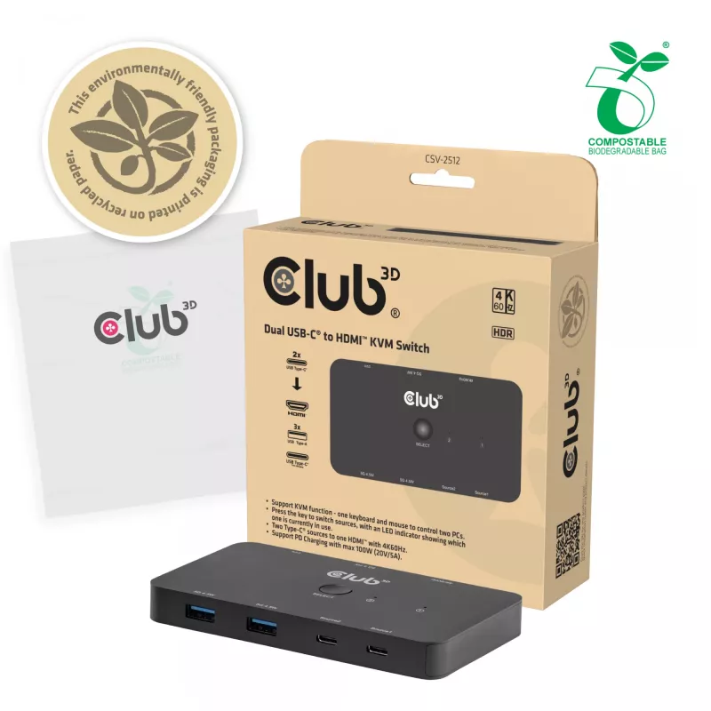 KVM switch club 3d Dual USB-C to HDMI, 2‑port, 4K UHD 3840x2160, USB-C console, 65W PD, black