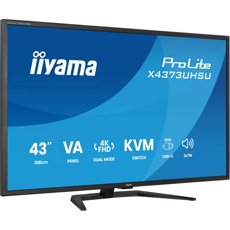 43 inch IIYAMA ProLite X4373UHSU-B2 LED 4K Ultra HD monitor, 3840×2160, VA panel, 3 ms, 450 cd/m², USB 3.2 hub, speakers, VESA, black