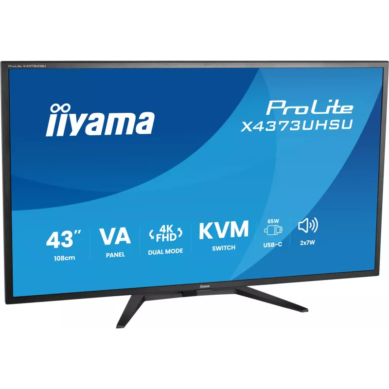 43 inch IIYAMA ProLite X4373UHSU-B2 LED 4K Ultra HD monitor, 3840×2160, VA panel, 3 ms, 450 cd/m², USB 3.2 hub, speakers, VESA, black