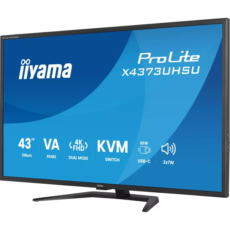 43 inch IIYAMA ProLite X4373UHSU-B2 LED 4K Ultra HD monitor, 3840×2160, VA panel, 3 ms, 450 cd/m², USB 3.2 hub, speakers, VESA, black