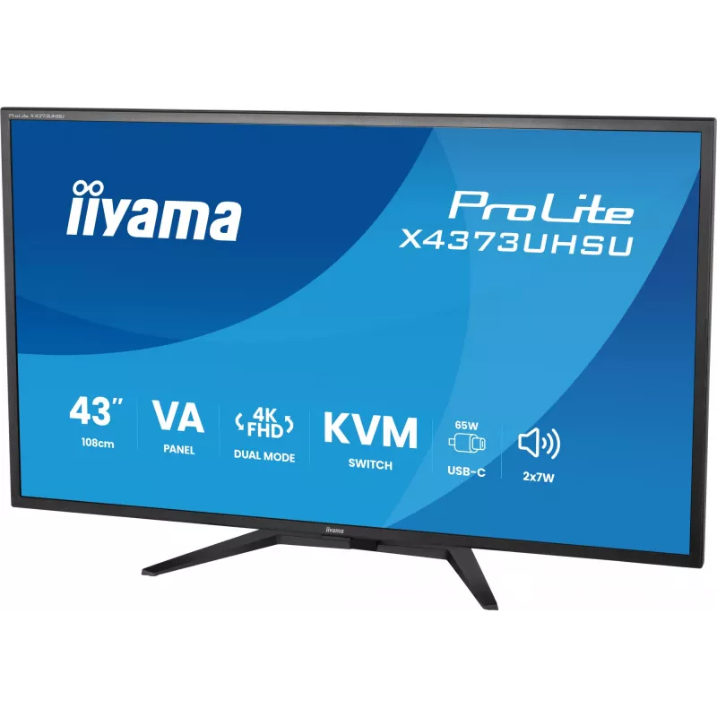 43 inch IIYAMA ProLite X4373UHSU-B2 LED 4K Ultra HD monitor, 3840×2160, VA panel, 3 ms, 450 cd/m², USB 3.2 hub, speakers, VESA, black