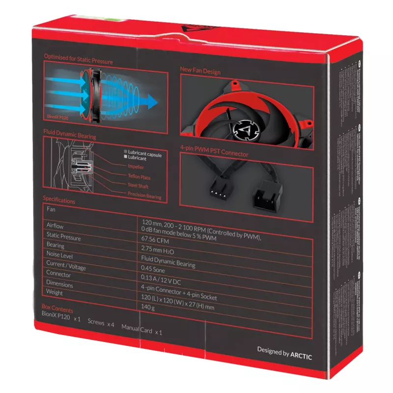 ARCTIC BioniX P120 (Red) – Pressure-optimised 120 mm Gaming Fan with PWM PST