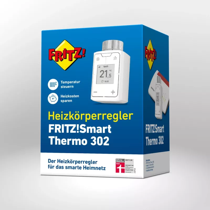 FRITZ Smart Thermo 302 thermostat (indoor), white, button control, AA battery, 51×51×90 mm
