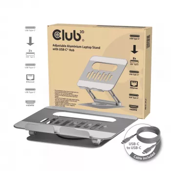 CLUB3D Adjustable Aluminium Laptop Stand with USB-C® Hub, Grey, 260 mm, 224 mm, 56 mm, 1.76 kg, 315 mm