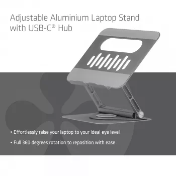 CLUB3D Adjustable Aluminium Laptop Stand with USB-C® Hub, Grey, 260 mm, 224 mm, 56 mm, 1.76 kg, 315 mm