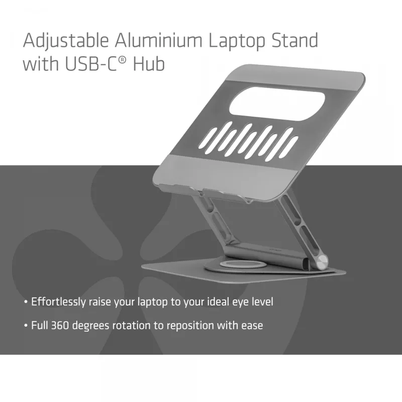 CLUB3D Adjustable Aluminium Laptop Stand with USB-C® Hub, Grey, 260 mm, 224 mm, 56 mm, 1.76 kg, 315 mm
