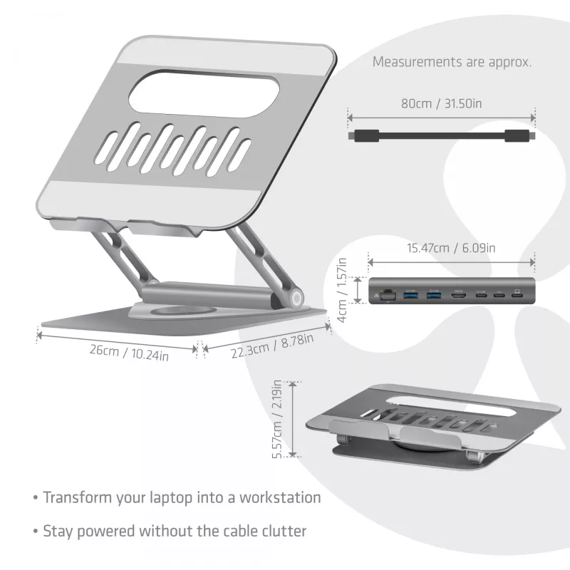 CLUB3D Adjustable Aluminium Laptop Stand with USB-C® Hub, Grey, 260 mm, 224 mm, 56 mm, 1.76 kg, 315 mm