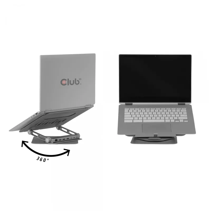 CLUB3D Adjustable Aluminium Laptop Stand with USB-C® Hub, Grey, 260 mm, 224 mm, 56 mm, 1.76 kg, 315 mm