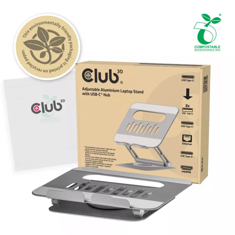 CLUB3D Adjustable Aluminium Laptop Stand with USB-C® Hub, Grey, 260 mm, 224 mm, 56 mm, 1.76 kg, 315 mm