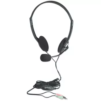 Manhattan Stereo On-Ear Headset (3.5mm), Microphone Boom, In-Line Volume Control, Foam Earpads, Standard 2x 3.5mm stereo jack/plug for audio/mic use, cable 2m, Black, Three Year Warranty