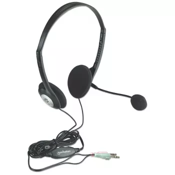 Manhattan Stereo On-Ear Headset (3.5mm), Microphone Boom, In-Line Volume Control, Foam Earpads, Standard 2x 3.5mm stereo jack/plug for audio/mic use, cable 2m, Black, Three Year Warranty