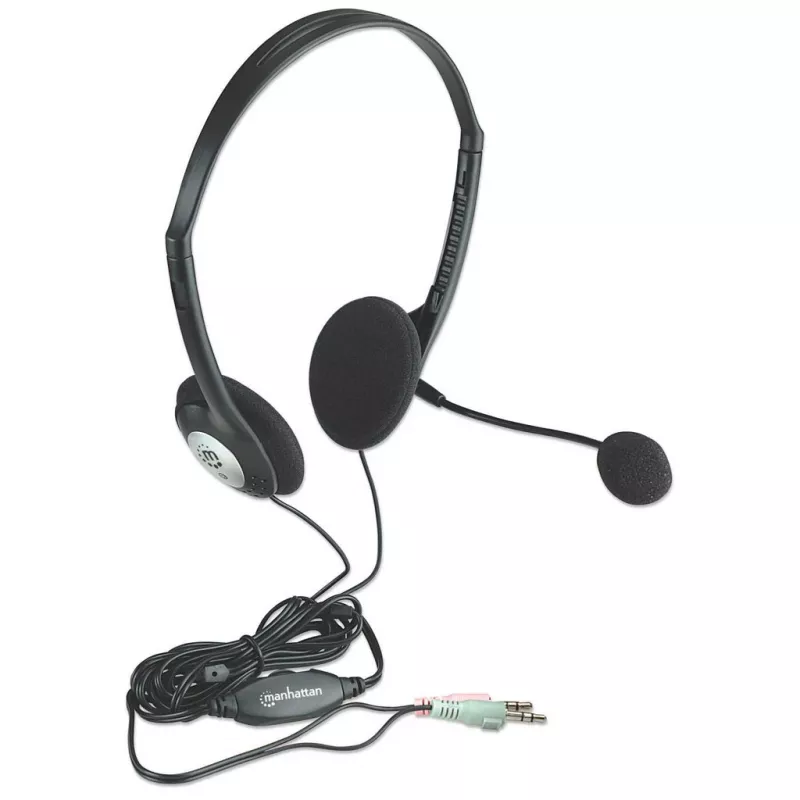 Manhattan Stereo On-Ear Headset (3.5mm), Microphone Boom, In-Line Volume Control, Foam Earpads, Standard 2x 3.5mm stereo jack/plug for audio/mic use, cable 2m, Black, Three Year Warranty
