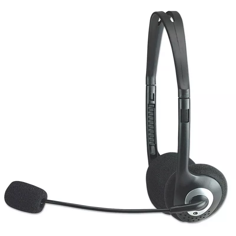 Manhattan Stereo On-Ear Headset (3.5mm), Microphone Boom, In-Line Volume Control, Foam Earpads, Standard 2x 3.5mm stereo jack/plug for audio/mic use, cable 2m, Black, Three Year Warranty