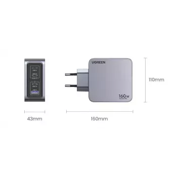 Ugreen Nexode Pro 160W GaN Charger with USB-C Cable Universal Black, Grey AC Fast charging Indoor
