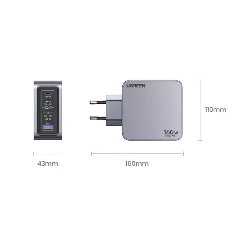 Ugreen Nexode Pro 160W GaN Charger with USB-C Cable Universal Black, Grey AC Fast charging Indoor