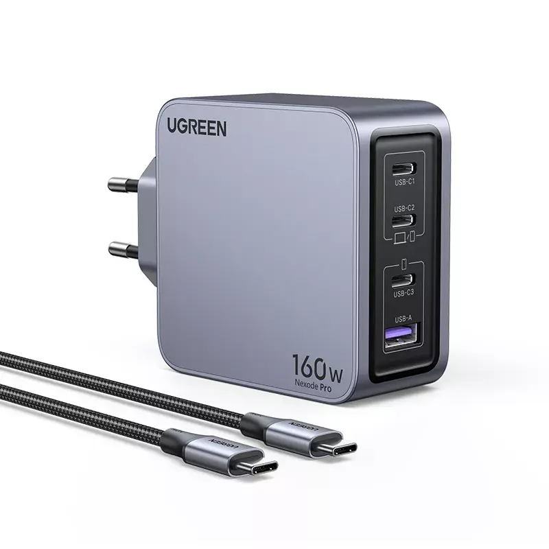 Ugreen Nexode Pro 160W GaN Charger with USB-C Cable Universal Black, Grey AC Fast charging Indoor
