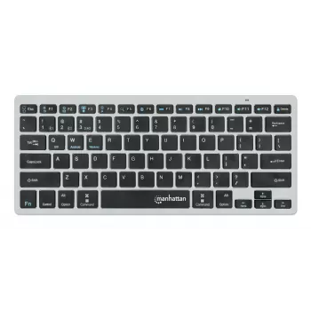 Manhattan Ultra Slim Dual-Mode Wireless Keyboard, German Quertz layout, Bluetooth (v3.0) and Wireless (2.4GHz), 78 low profile scissor keys, Auto Power Management, Range 10m, USB-A Micro Receiver, AAA Battery (included), Windows and Mac, Three Year Warranty