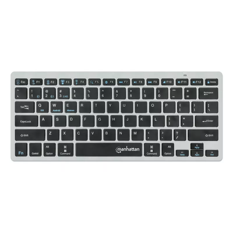 Manhattan Ultra Slim Dual-Mode Wireless Keyboard, German Quertz layout, Bluetooth (v3.0) and Wireless (2.4GHz), 78 low profile scissor keys, Auto Power Management, Range 10m, USB-A Micro Receiver, AAA Battery (included), Windows and Mac, Three Year Warranty