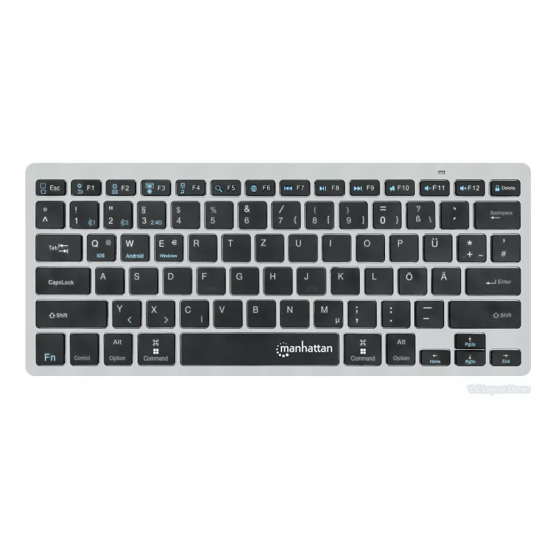 Manhattan Ultra Slim Dual-Mode Wireless Keyboard, German Quertz layout, Bluetooth (v3.0) and Wireless (2.4GHz), 78 low profile scissor keys, Auto Power Management, Range 10m, USB-A Micro Receiver, AAA Battery (included), Windows and Mac, Three Year Warranty