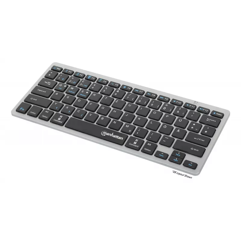 Manhattan Ultra Slim Dual-Mode Wireless Keyboard, German Quertz layout, Bluetooth (v3.0) and Wireless (2.4GHz), 78 low profile scissor keys, Auto Power Management, Range 10m, USB-A Micro Receiver, AAA Battery (included), Windows and Mac, Three Year Warranty