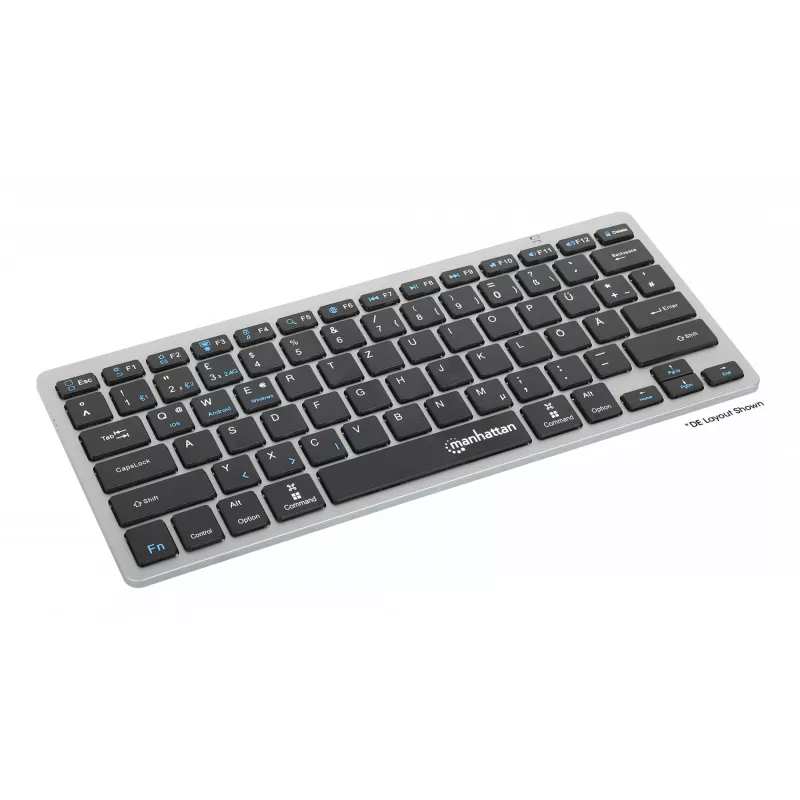 Manhattan Ultra Slim Dual-Mode Wireless Keyboard, German Quertz layout, Bluetooth (v3.0) and Wireless (2.4GHz), 78 low profile scissor keys, Auto Power Management, Range 10m, USB-A Micro Receiver, AAA Battery (included), Windows and Mac, Three Year Warranty