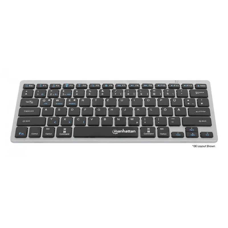 Manhattan Ultra Slim Dual-Mode Wireless Keyboard, German Quertz layout, Bluetooth (v3.0) and Wireless (2.4GHz), 78 low profile scissor keys, Auto Power Management, Range 10m, USB-A Micro Receiver, AAA Battery (included), Windows and Mac, Three Year Warranty