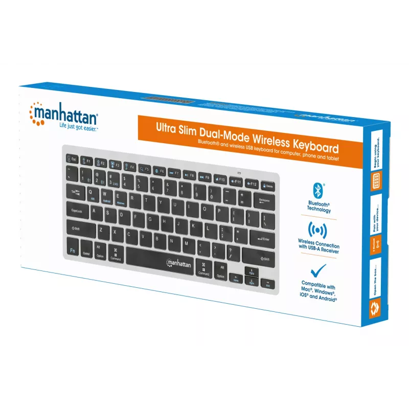 Manhattan Ultra Slim Dual-Mode Wireless Keyboard, German Quertz layout, Bluetooth (v3.0) and Wireless (2.4GHz), 78 low profile scissor keys, Auto Power Management, Range 10m, USB-A Micro Receiver, AAA Battery (included), Windows and Mac, Three Year Warranty