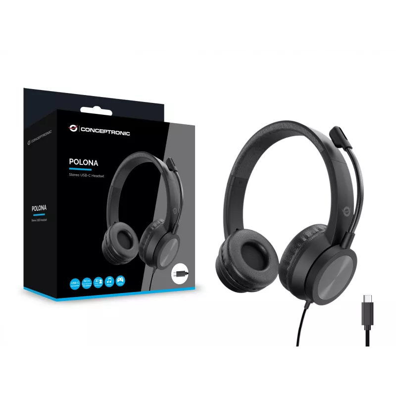 Headset CONCEPTRONIC POLONA05BC — Stereo USB-C, Noise‑Cancelling Mic, Circumaural, 2 m cable, 20–22000 Hz, Black