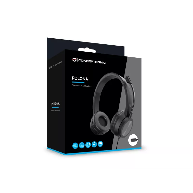Headset CONCEPTRONIC POLONA05BC — Stereo USB-C, Noise‑Cancelling Mic, Circumaural, 2 m cable, 20–22000 Hz, Black