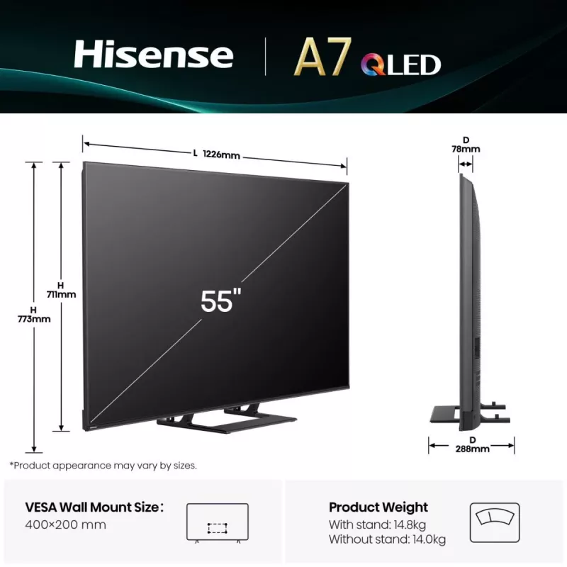 Hisense A7Q 55A7Q 139.7 cm (55 inch) 4K Ultra HD Smart TV Wi-Fi Black