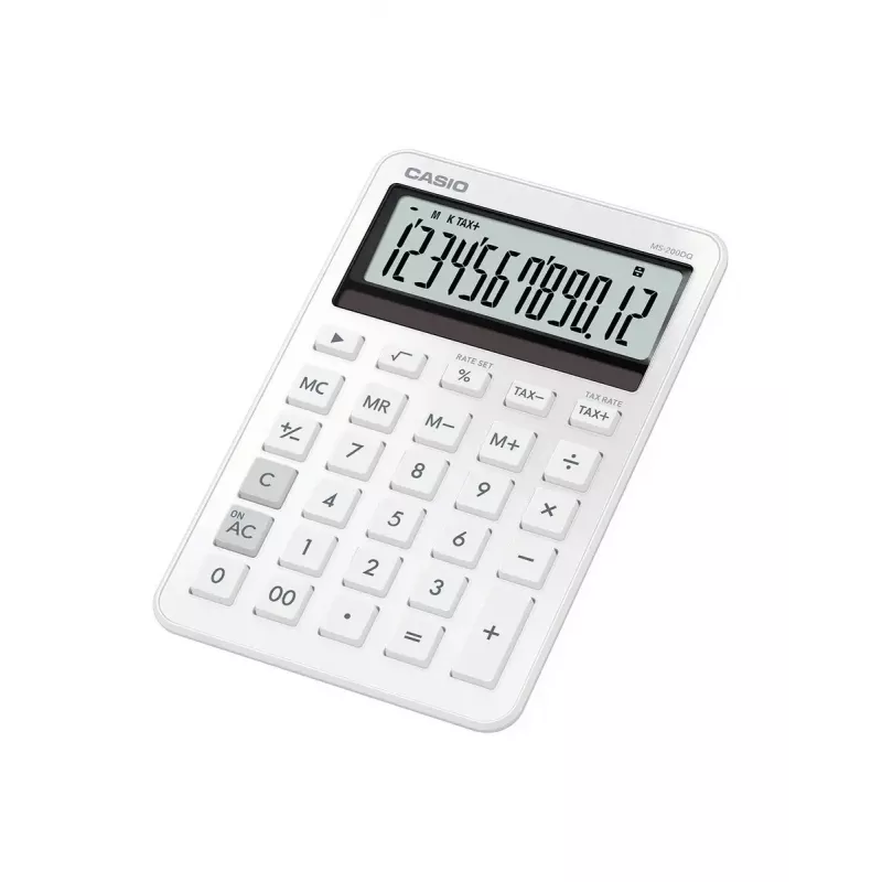 Desktop basic calculator CASIO MS-200DQ 12-digit, battery/solar, tax & profit functions, white
