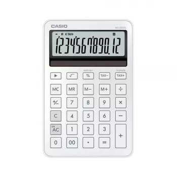 Desktop basic calculator CASIO MS-200DQ 12-digit, battery/solar, tax & profit functions, white