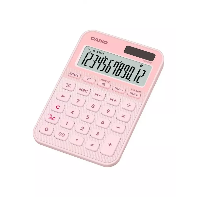 Desktop basic calculator CASIO MS-20YC — 12-digit, tax & profit functions, battery/solar, light pink
