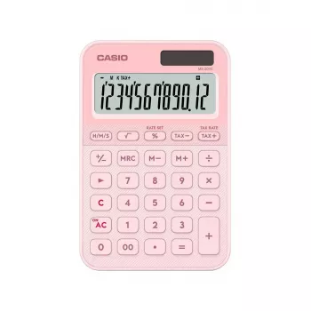 Desktop basic calculator CASIO MS-20YC — 12-digit, tax & profit functions, battery/solar, light pink