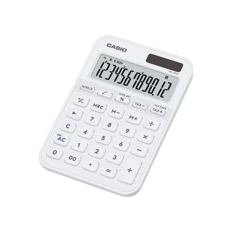 Desktop Basic calculator CASIO MS-20YC — 12-digit, battery/solar, tax & profit functions, white